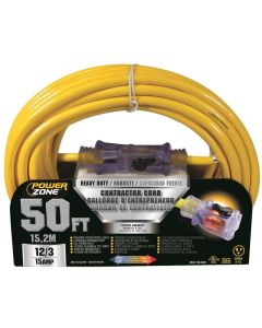 PZ - Extension Cord - Contractor 12/3 - Lighted Locking Connector - Yellow - 50Ft