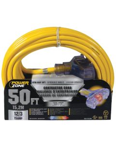 PZ - Extension Cord - Pro Triple Tap 12/3 - Lighted - Yellow - 50Ft