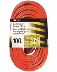 Woods - Extension Cord - Contractor Power Block 12/3 - 3-Outlet - Orange - 100Ft