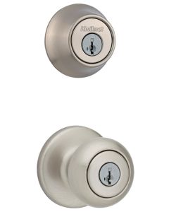 Kwikset - Cove - Keyed Entry Knob w/Deadbolt Single Cylinder Combo - Satin Nickel - 690CV15