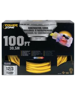 PZ - Extension Cord - Contractor 12/3 - Lighted Locking Connector - Yellow - 100Ft